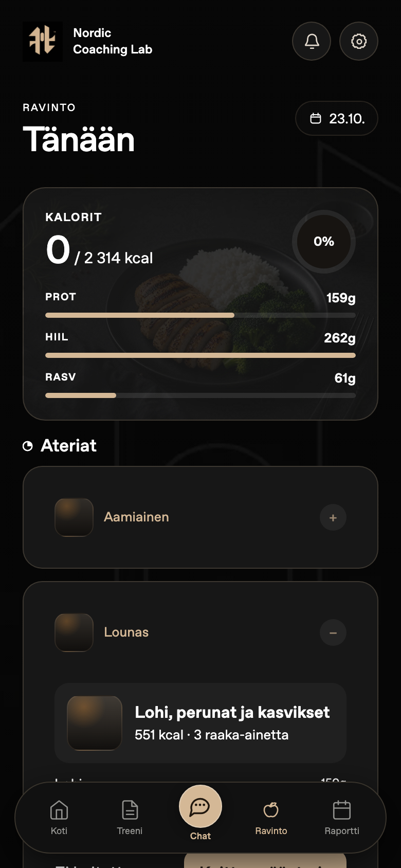 Nordic Coaching Lab sample daily nutrition targets and meal plan