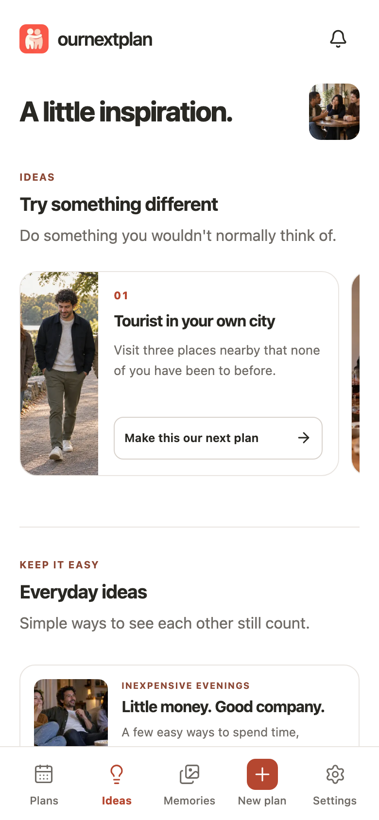 Our Next Plan Ideas screen with a Tourist in your own city suggestion