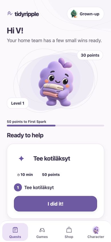 Tidy Ripple child quests screen with fictional sample information