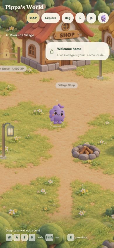 Pippa’s World gameplay with Pippa exploring the woodland village